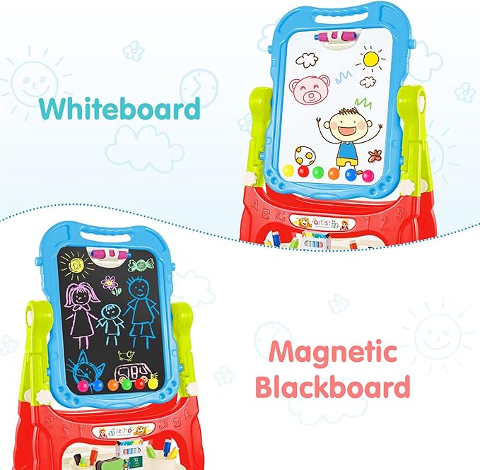 Kids Easel, Adjustable Standing Kids Easels for Toddlers, Double Magnetic Drawing Board with Painting Accessories, Present for Little Boys and Girls Age 3 4 5, Blue