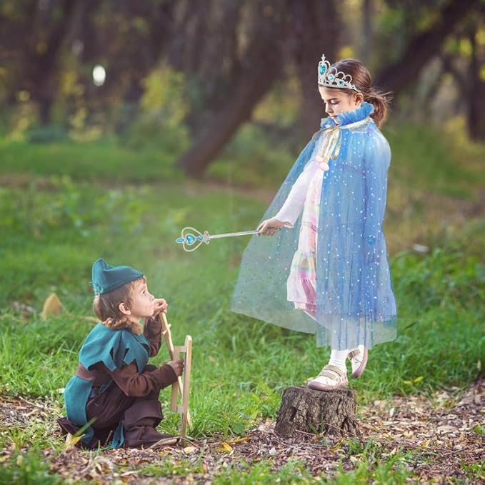 Fedio Princess Cape Set 7 Pieces Girls Princess Cloak with Tiara Crown, Wand for Little Girls Dress up (Blue)