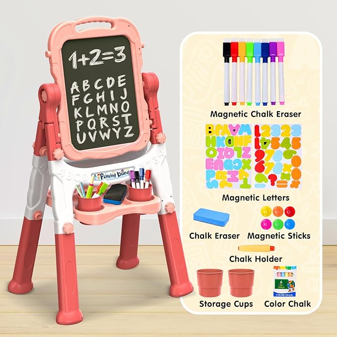 Easel for Kids, Kids Easel, Double-Sided Art Easel for Kid 3-4, Chalk Board Kid, Toddler Easel, White Board Kid, Kids Art Easel, Art Easel for Kids Ages 4-8, Christmas Gifts for Kids,Red&Pink