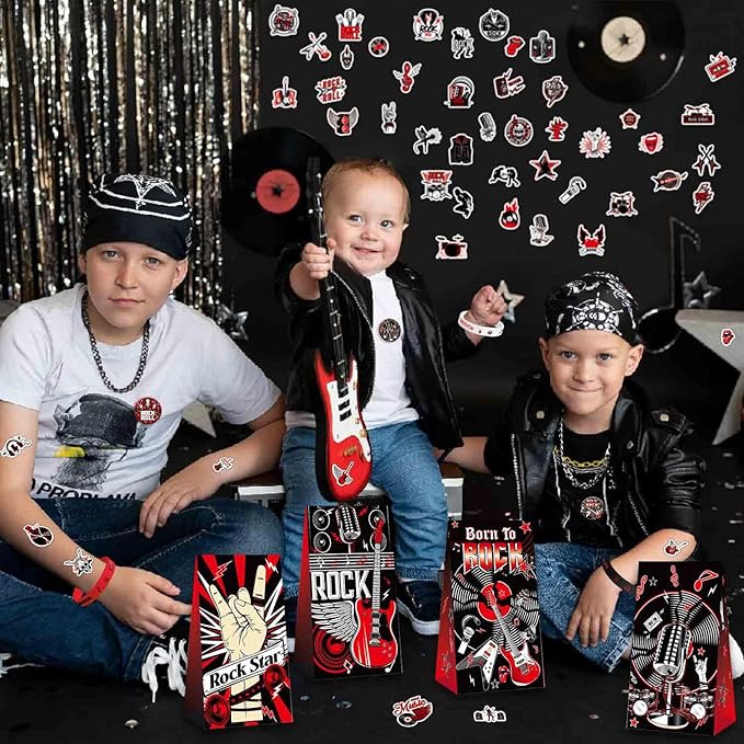 Rock and Roll Party Decorations Favors , Including Gift Bags , Stickers Badge Slap Bracelets Silicone Wristbands DIY Stickers , for Rock Music Theme Party Supplies