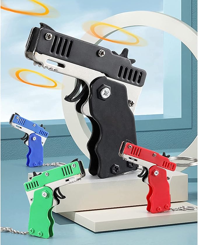 Kids Toys Cool Keychain Rubber Band Mini Metal Folding Rubber Launcher Toy with 60 Elastic Rubber Bands for Game Outdoor Activities (Blue)