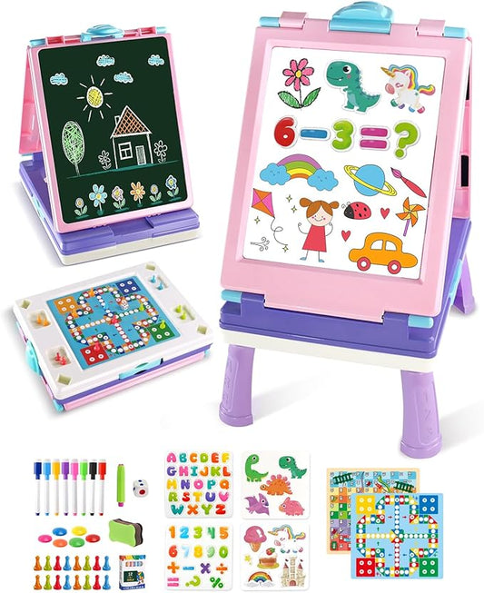 Easel for Kids, 4 in 1 Double Sided Toddler Art Easel with Chalkboard & Magnetic Whiteboard, Foldable Kid Tabletop Easel with Drawing & Writing Accessories - Educational Gift for Girl (Purple)