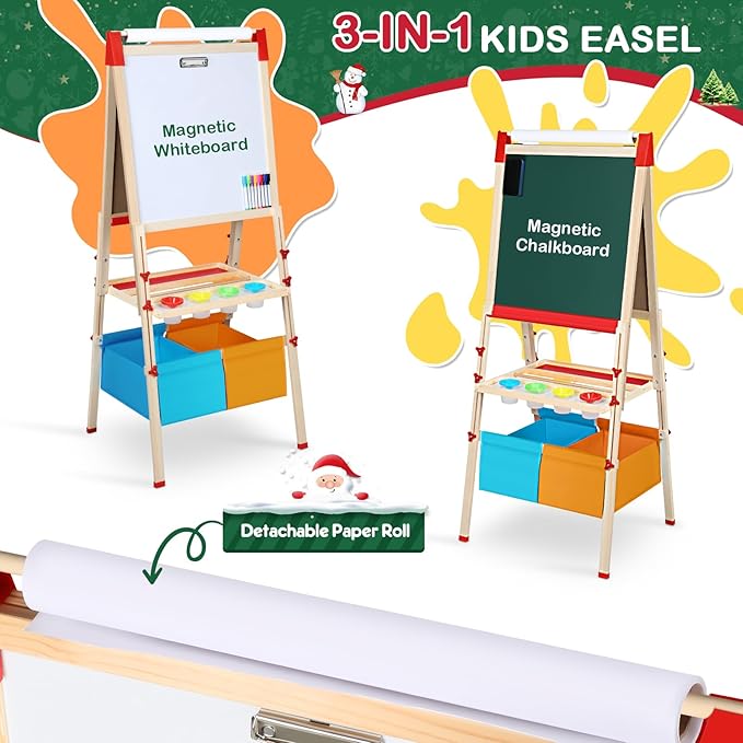 Easel for Kids Art Easel for Kids Ages 4-8,Kids Easels Wooden Kid Easel with Paper Roll, Adjustable Magnetic Double Sided Easel for Toddlers 2-4 Years - All in one Kids Art Easel