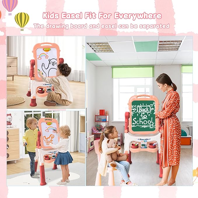 Easel for Kids, Double Sided Kids Art Easel with White Board & Chalk Board, Adjustable Standing Toddler Easel with Drawing & Writing Accessories, Toy for Age 2-4 Boys Girls Birthday Gifts (Pink)