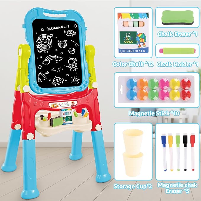 deAO Art Easel Toys for Kids, 4-in-1 Double Magnetic Drawing Board Adjustable Standing Rotatable Sidewalk Chalk with Painting Writing Accessories, Easel Toys Birthday Gifts for Girls Boy (Blue)