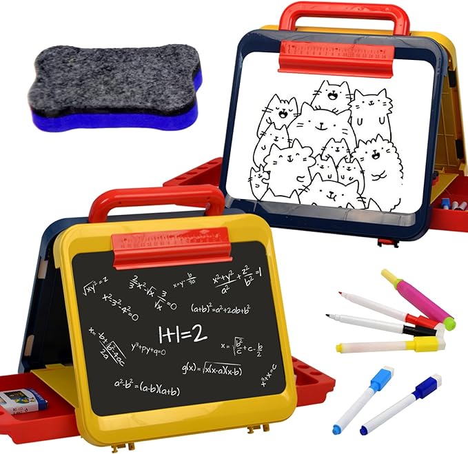 Easel for Kids-Art Easel for Toddler-Chalkboard White Board for Kids-Dry Erase Table Top Easel for Kids-Foldable Double-Sided Easel-Portable Desktop Easel for Toddler Kids3 4 5 6 7 8(Blue & Yellow)