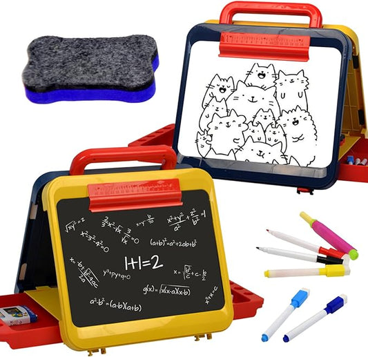 Easel for Kids-Art Easel for Toddler-Chalkboard White Board for Kids-Dry Erase Table Top Easel for Kids-Foldable Double-Sided Easel-Portable Desktop Easel for Toddler Kids3 4 5 6 7 8(Blue & Yellow)