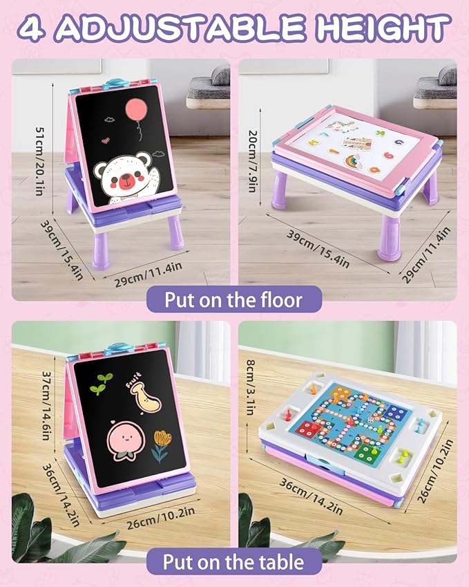 Easel for Kids, 4 in 1 Double Sided Toddler Art Easel with Chalkboard & Magnetic Whiteboard, Foldable Kid Tabletop Easel with Drawing & Writing Accessories - Educational Gift for Girl (Purple)
