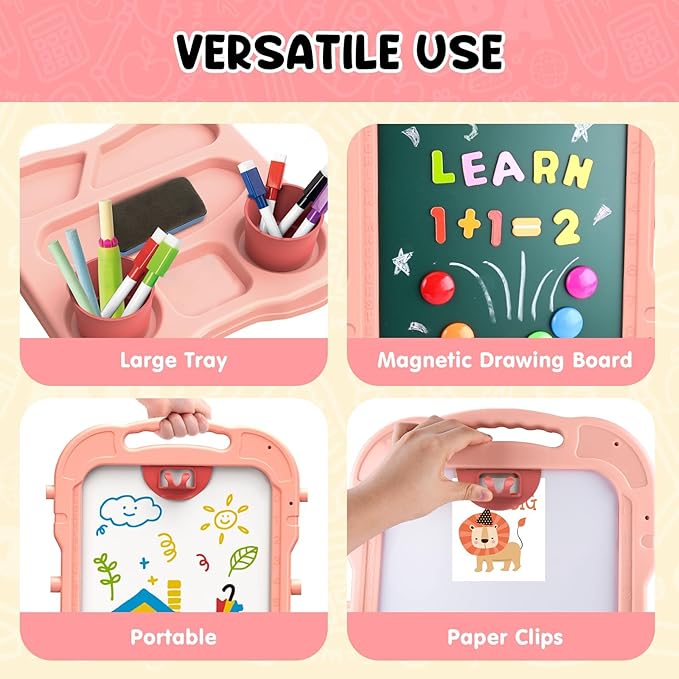 Easel for Kids, Kids Easel, Double-Sided Art Easel for Kid 3-4, Chalk Board Kid, Toddler Easel, White Board Kid, Kids Art Easel, Art Easel for Kids Ages 4-8, Christmas Gifts for Kids,Red&Pink