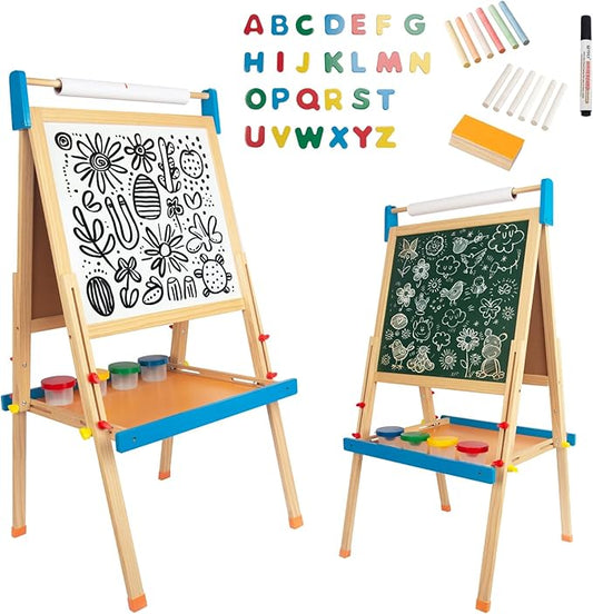 Easel for Kids with Drawing Paper Roll, Learning Toy for 3,4,5,6,7,8 Years Old Boy & Girls, Wooden Chalkboard & Magnetic Whiteboard & Painting Paper Stand, Gift & Art Supplies for Toddler