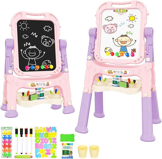 Toddler Easel, Adjustable Standing Easel for Toddlers, Double Magnetic Drawing Board with Painting Accessories, Birthday Present for Little Boys and Girls, Pink