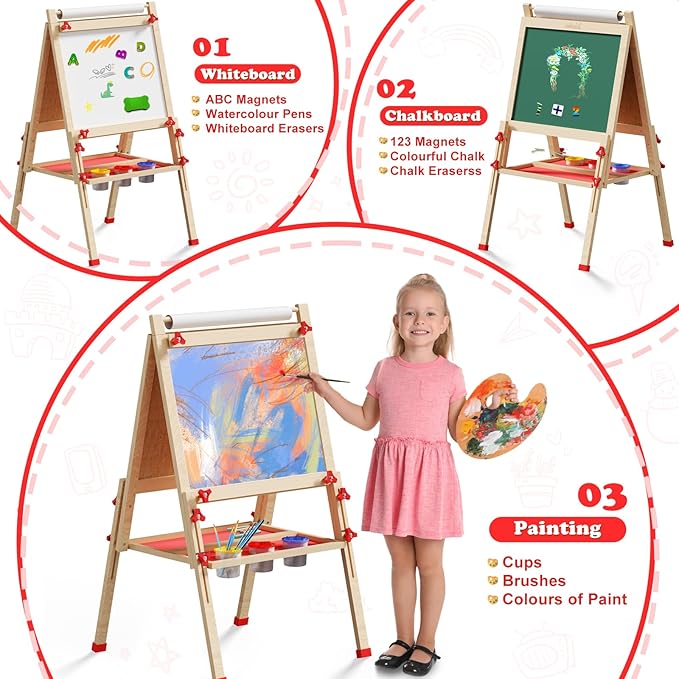 Easel for Kids Including 100+ Accessories, Kids Easel Double Sided Wooden, White Board & Magnetic Drawing Board & Paper Roll, Height Adjustable Standing Art Easel for Kids 3-4 4-8 9-12