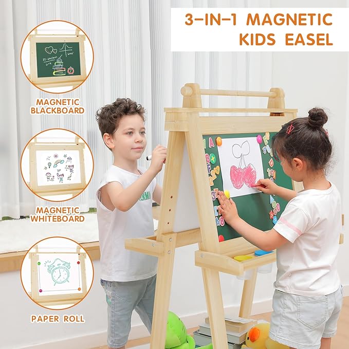 Easel for Kids Deluxe Foldable All-in-1 Toddler Easel with Paper Roll& 84pcs Accessories Magnetic Chalk-Whiteboard Art Center for Kids 3 4 5 6 7 8 Years Old Boys Girls-Natural Wood