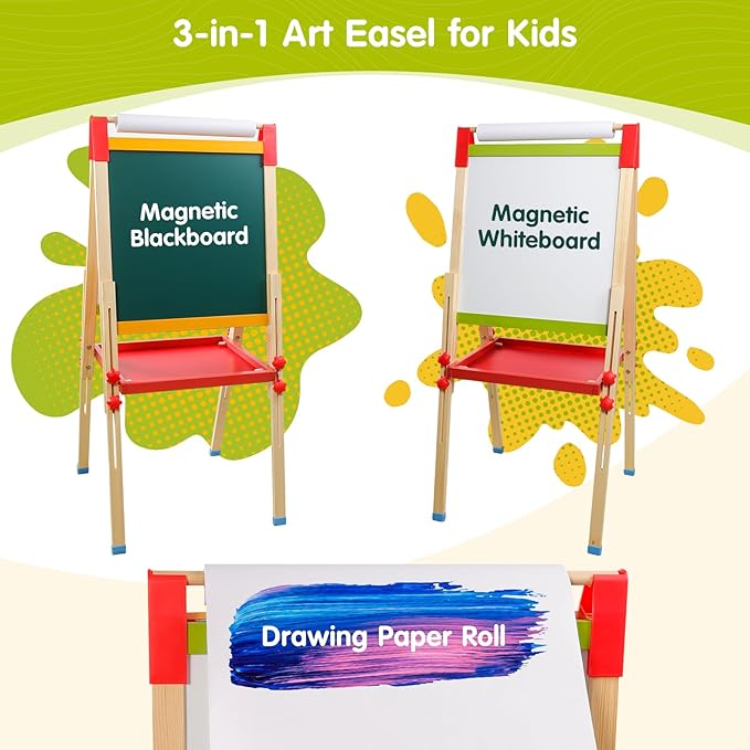 Easel for Kids Double-Sided Kids Easel with Paper Roll Wooden Art Easel Whiteboard & Chalkboard Adjustable Standing Toddler Easel with Accessories Gift for Boys and Girls