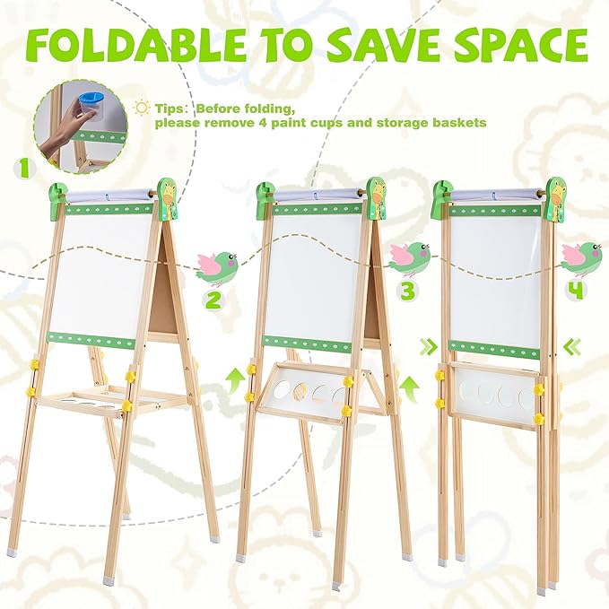 Easel for Kids, Art Easel Kids Easels for Toddlers, Adjustable Magnetic Chalkboard & Whiteboard Wooden Painting Easel with Paper Roll, Foldable Easel for Toddlers Boys Girls Ages 3-12 (Grass Green)