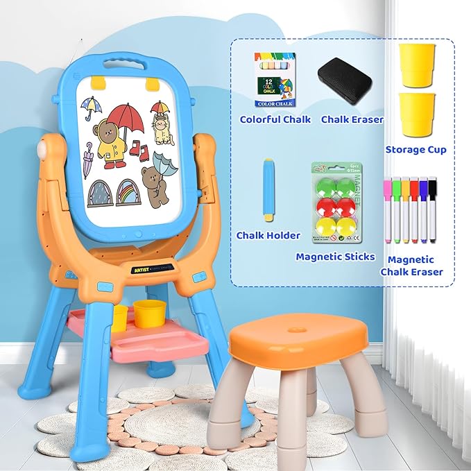 Double-Sided 360°Rotating Kids Easel and Toddler Art Easel, Equipped with A Little Bench and Painting Accessories, Childrens Art Easel for Kids 3-4, Gifts for Toddler (Orange+Blue)