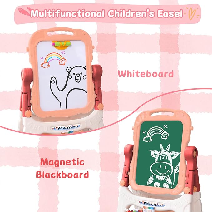 Easel for Kids, Double Sided Kids Art Easel with White Board & Chalk Board, Adjustable Standing Toddler Easel with Drawing & Writing Accessories, Toy for Age 2-4 Boys Girls Birthday Gifts (Pink)