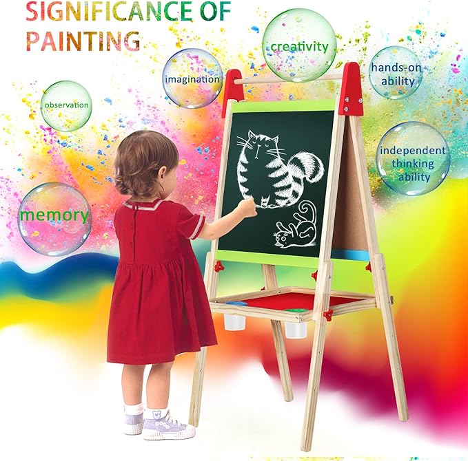 Easel for Kids, Gimlife White Board Art Easel Chalkboard Double-Sided Dry Erase Whiteboard & Chalkboard Standing for Kids with Easel Paper Roll for Children Toddler Boys Girls Drawing Painting