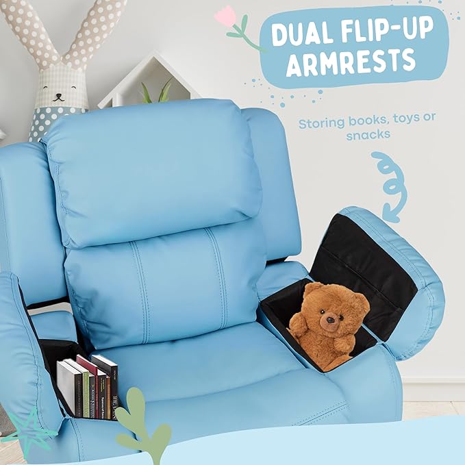 Macaron Kids Reclining Chair Recliner Dual Storage Armrest Leather Sofa Toddler Youth Children Child Ages 2-8