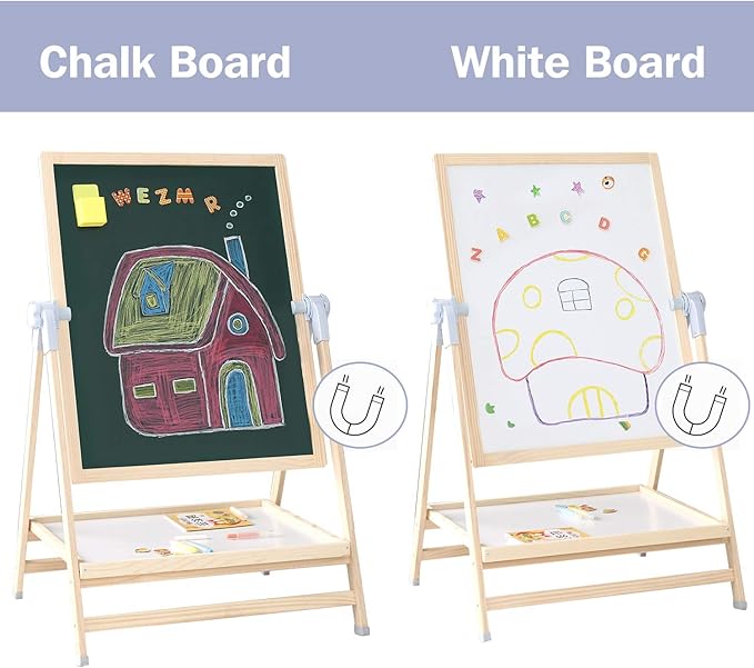 QZMTOY Kids Art Easel, Deluxe Standing Easel Set, Adjustable Art Table, Dry Erase Board&Chalkboard Double Sided Stand, 360°Rotating Drawing Easels with Art Supplies, Adjust Height 28-39in
