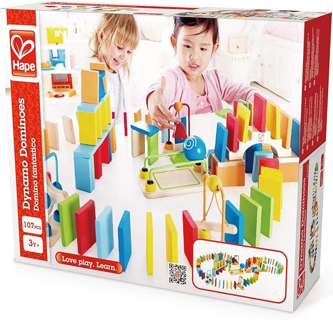 Hape Dynamo Wooden Domino Set Award Winning Domino Racing Building Block Set for Kids, 107 Solid Pieces of Fun Filled Racing, Building and Stacking