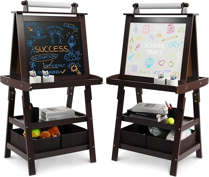 Elevon Art Easel for Kids, Wooden Kids Easel 3 in 1 Adjustable Double Sided, Whiteboard, Chalkboard & Paper Roll, 2-Tier Rack w/ 2 Storage Boxes, Standing Easel for for Painting & Drawing