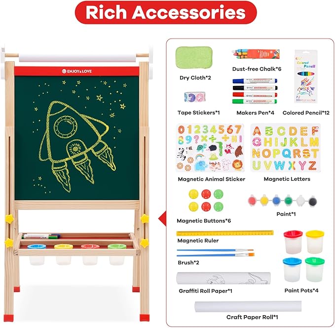 Easel for Kids Art Easel with Paper Roll, Wooden Toddler Easel for Kids Ages 2-4 4-8 8-12, Kids Painting Easel with Double Sided Chalkboard Whiteboard and Folding Storage Tray, Gift for Boys Girls