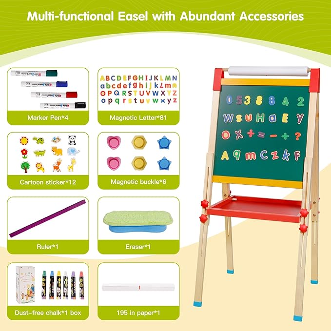 Easel for Kids Double-Sided Kids Easel with Paper Roll Wooden Art Easel Whiteboard & Chalkboard Adjustable Standing Toddler Easel with Accessories Gift for Boys and Girls