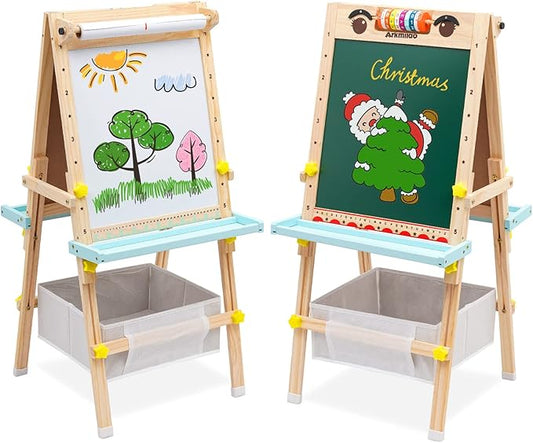 Easel for Toddlers Kids Easel with Paper Roll Double-Sided Whiteboard & Chalkboard Standing Easel with Numbers and Other Accessories for Kids and Toddlers