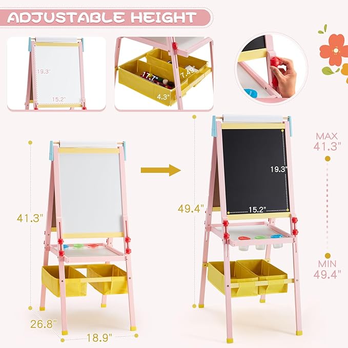 Easel for Kids Art Easel for Toddlers, Height Adjustable Kid Easel with Paper Roll, Toddler Art Easel with Double Sided Magnetic Board and Accessories, Perfect Painting Easel for Kids, Pink