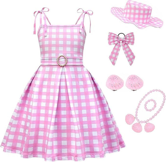 Princess Summer Dress for Girls Costume Plaid Sleeveless Sundress With Accessories