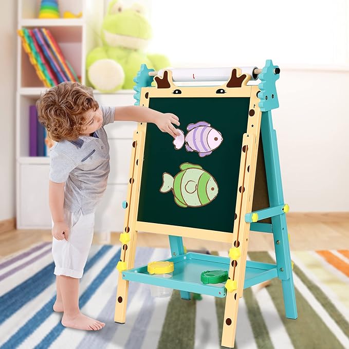 Double-Sided Whiteboard & Chalkboard Adjustable Kids Art Easel Standing Easel with Other Accessories for Kids and Toddlers