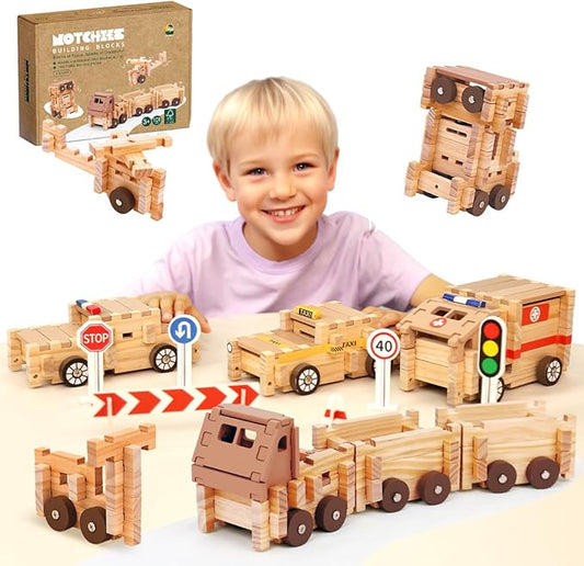 Jovi-mindly Wooden Building Blocks Car Set Toddler Boy Toys (101 pcs) with Storage Bag, Educational Classic Wooden Blocks for Toddlers Ages 3+ Boys and Girls,Truck/Excavator,FSC Certified
