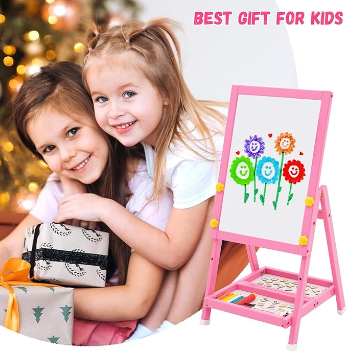 NUKied Wooden Kids Easel Double Sided Easel Height Adjustable Drawing Board Standing Art Easel for Kids with Foldable Storage Tray for Boys and Girls 3+ (Pink)
