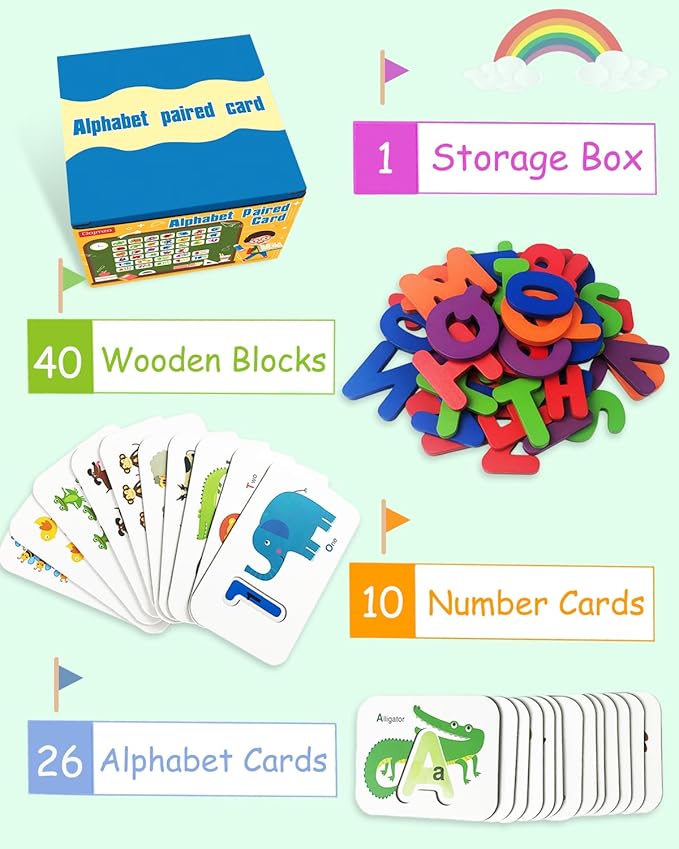 Gojmzo Number and Alphabet Flash Cards for Toddlers 3-5 Years, ABC Montessori Educational Toys Gifts for 3 4 5 Year Old Preschool Learning Activities, Wooden Letters Animal Flashcards Puzzle Game