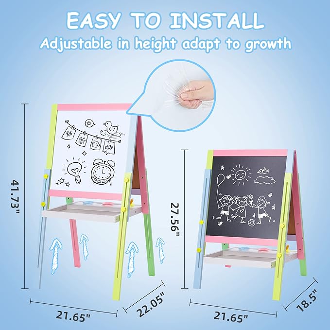 Easel for Kids, Double Sided Wooden Easel with Magnetic Chalkboard &Painting Board, Foldable Art Easel for Toddlers 3 Years Old Height Adjustable