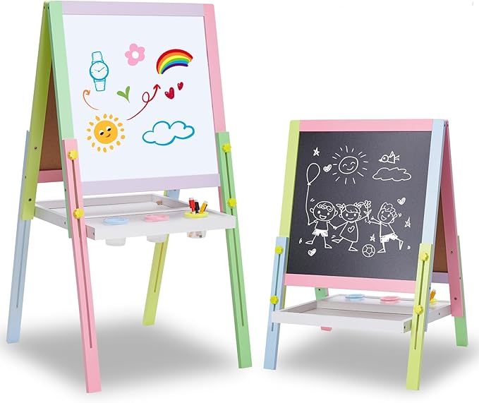Easel for Kids, Double Sided Wooden Easel with Magnetic Chalkboard &Painting Board, Foldable Art Easel for Toddlers 3 Years Old Height Adjustable