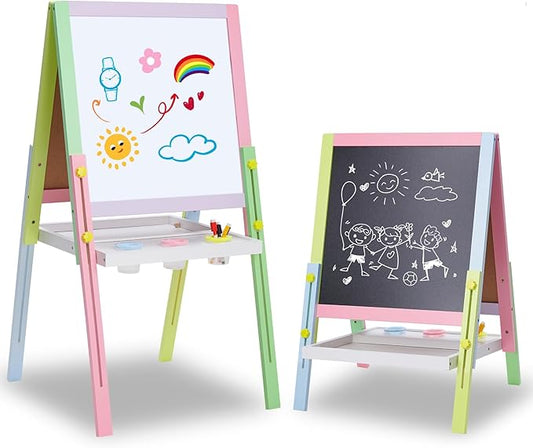 Easel for Kids, Double Sided Wooden Easel with Magnetic Chalkboard &Painting Board, Foldable Art Easel for Toddlers 3 Years Old Height Adjustable