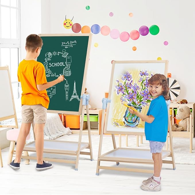 Easel for Kids, Weudear Kids Easel Double Sided Wooden Easel Standing, 4 in 1 White Board & Magnetic Drawing Board & Tabletop Easel, Art Easel for Kids 3-4 4-8 9-12 Height Adjustable 22-39inch