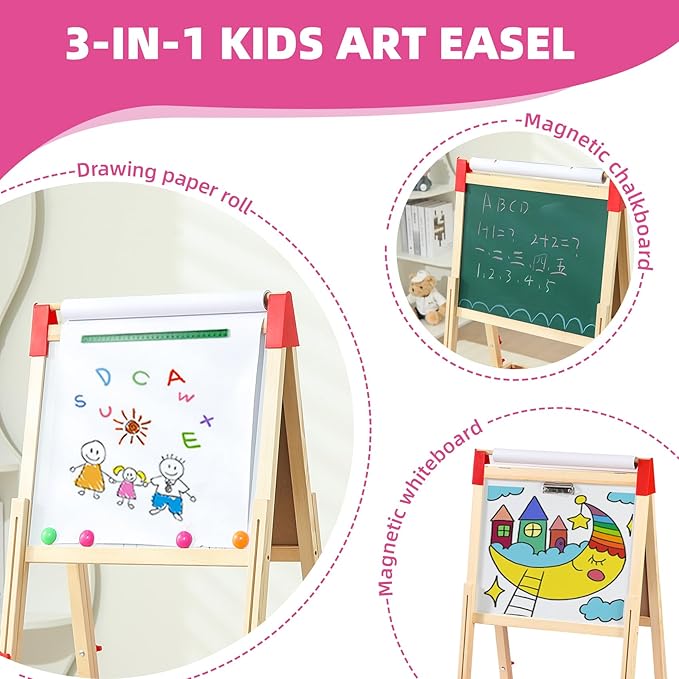 Easel for Kids,Adjustable Wooden Toddler Art Easels with Paper Rol,Magnetic White Board and Chalk Board with Art Supplies (ML-0036-001)