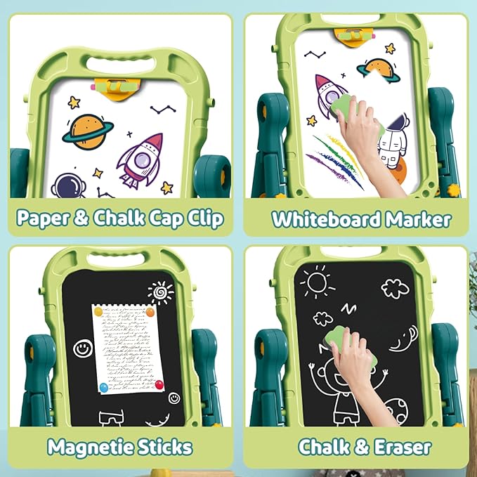deAO Art Easel Toys for Kids, 4-in-1 Double Magnetic Drawing Board Adjustable Standing Rotatable Sidewalk Chalk with Painting Writing Accessories, Easel Toys Birthday Gifts for Girls Boy (Green)