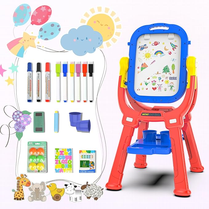 Easel for Kids, Toddler Art Easel Adjustable Standing, Magnetic Double Sided Easel with Painting Accessories Gift for Boys and Girls