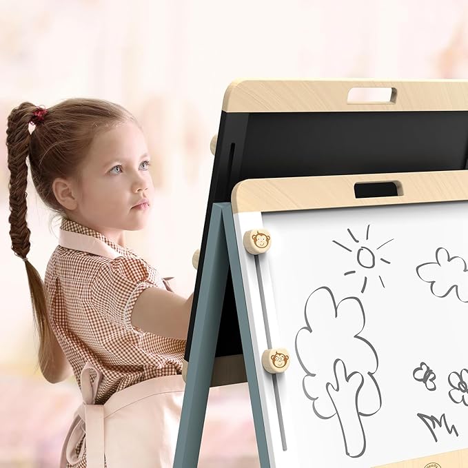 SPEEDY MONKEY Adjustable Wooden Easel for Kids, Double-Sided Chalkboard & Magnetic Whiteboard, Learning Toy for Children, Ideal Holiday Gift for Birthdays