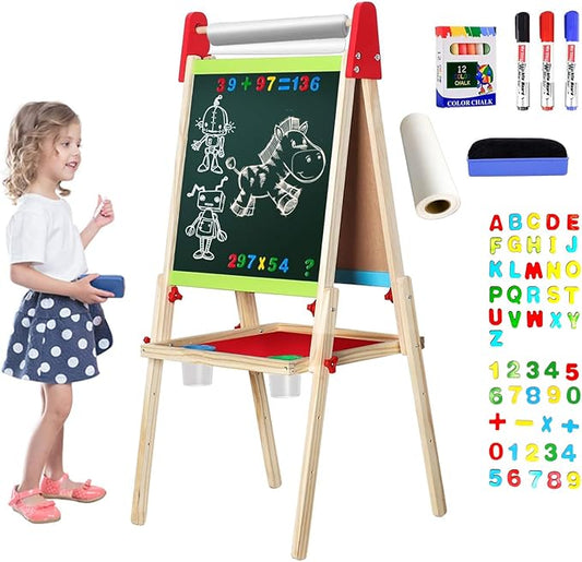 Easel for Kids, Gimlife White Board Art Easel Chalkboard Double-Sided Dry Erase Whiteboard & Chalkboard Standing for Kids with Easel Paper Roll for Children Toddler Boys Girls Drawing Painting