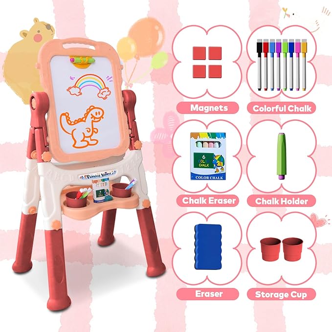 Easel for Kids, Double Sided Kids Art Easel with White Board & Chalk Board, Adjustable Standing Toddler Easel with Drawing & Writing Accessories, Toy for Age 2-4 Boys Girls Birthday Gifts (Pink)