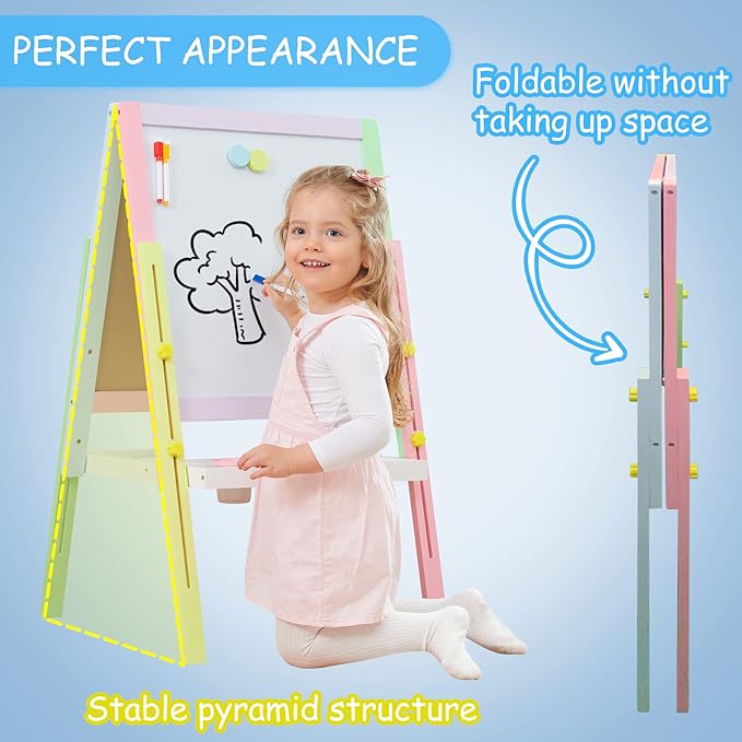 Easel for Kids, Double Sided Wooden Easel with Magnetic Chalkboard &Painting Board, Foldable Art Easel for Toddlers 3 Years Old Height Adjustable