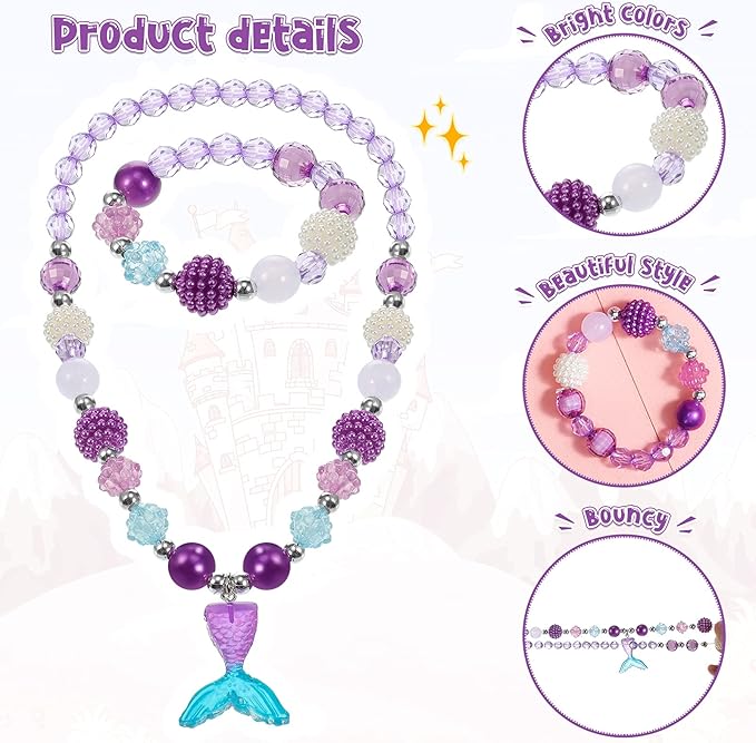 Sumind 6 Sets Play Jewelry for Little Girls Princess Necklace Bracelet Set Includes Kid Beaded Necklace Bracelet for Toddler Christmas Birthday Party Favors Cosplay(Heart, Flower Style)