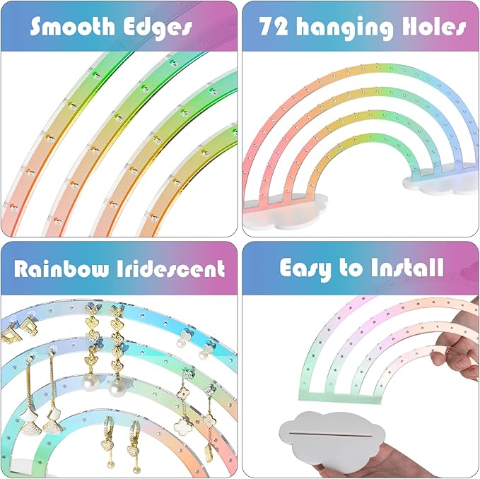 NiHome Iridescent Earrings Holder 74 Holes Display Rainbow Iridescent Ear Studs Jewelry Show Rack Stand Organizer Holder Plastic Clear Acrylic Earring Rack Holder Organizer for Girl Women