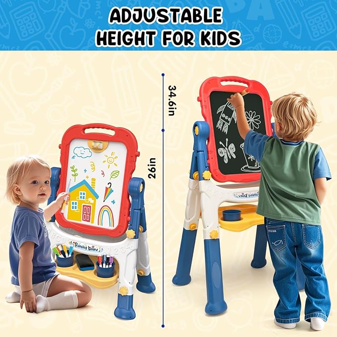 Easel for Kids, Kids Easel, Double-Sided Art Easel for Kid 3-4, Chalk Board Kid, Toddler Easel, White Board Kid, Kids Art Easel, Art Easel for Kids Age 4-8, Christmas Gifts for Kids, Red&Blue