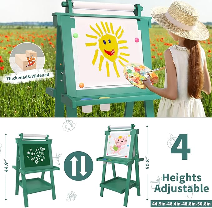Easel for Kids Deluxe Foldable All-in-1 Toddler Easel with Paper Roll& 84pcs Accessories Magnetic Chalk-Whiteboard Art Center for Kids 3 4 5 6 7 8 Years Old Boys Girls-Green